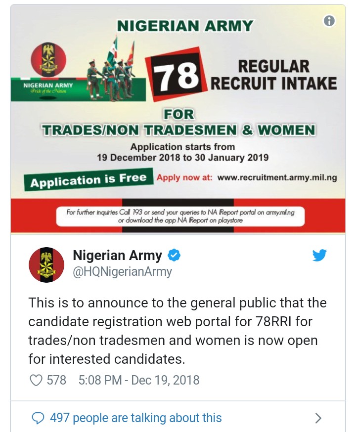 Nigerian army recruitment form 2019/2020