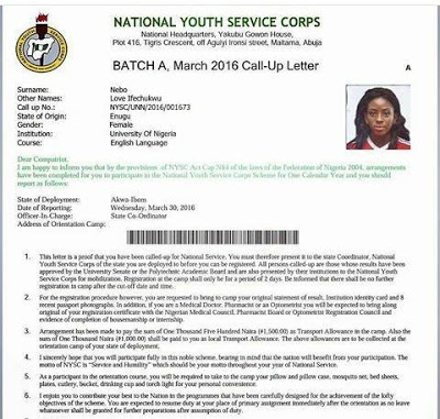 nysc call up letter