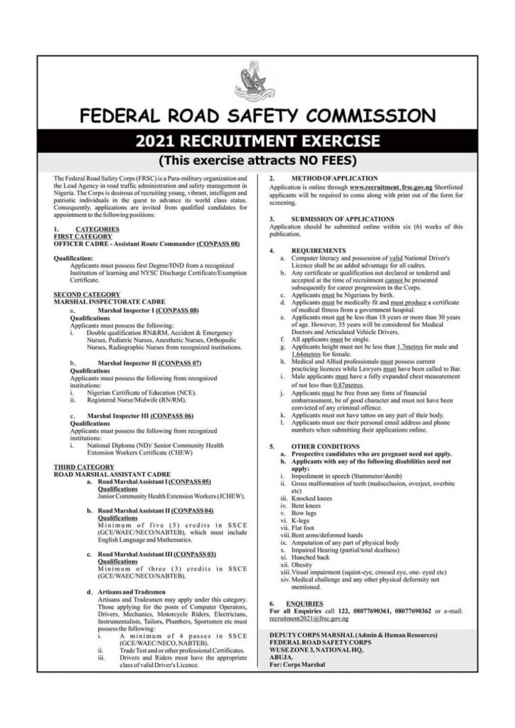 FRSC Recruitment 2024/2025 Application Form Portal www.frsc.gov.ng